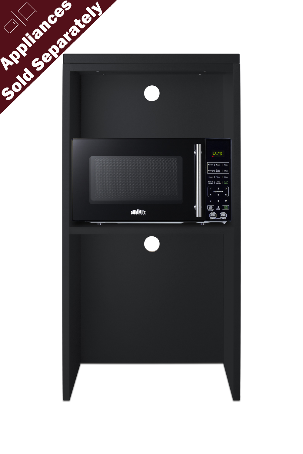 Fully assembled casework hutch in a black finish designed to accept compact microwaves